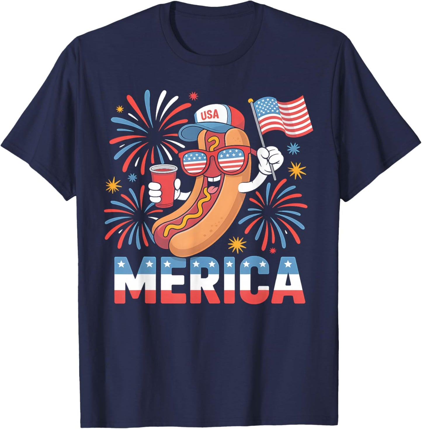 Funny Patriotic Hotdog 'Merica Style 4th of July BBQ Humor T-Shirt - T-Shirt | Navy