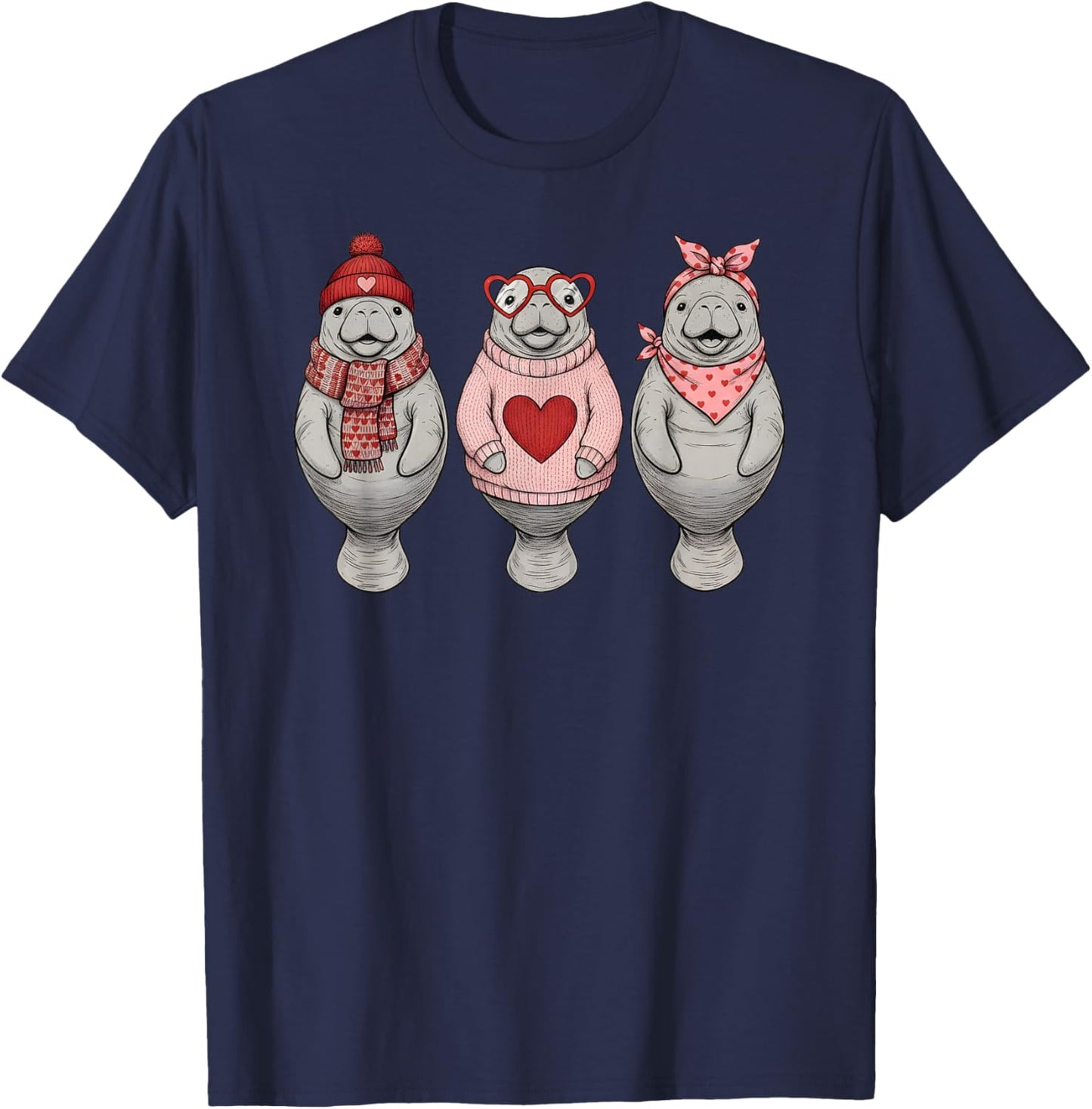 Retro Manatee Cute Valentine T-Shirt - T-Shirt | Navy