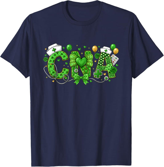 CNA St Patricks Day Coquette Bow Stethoscope Nurse Girls T-Shirt - T-Shirt | Navy
