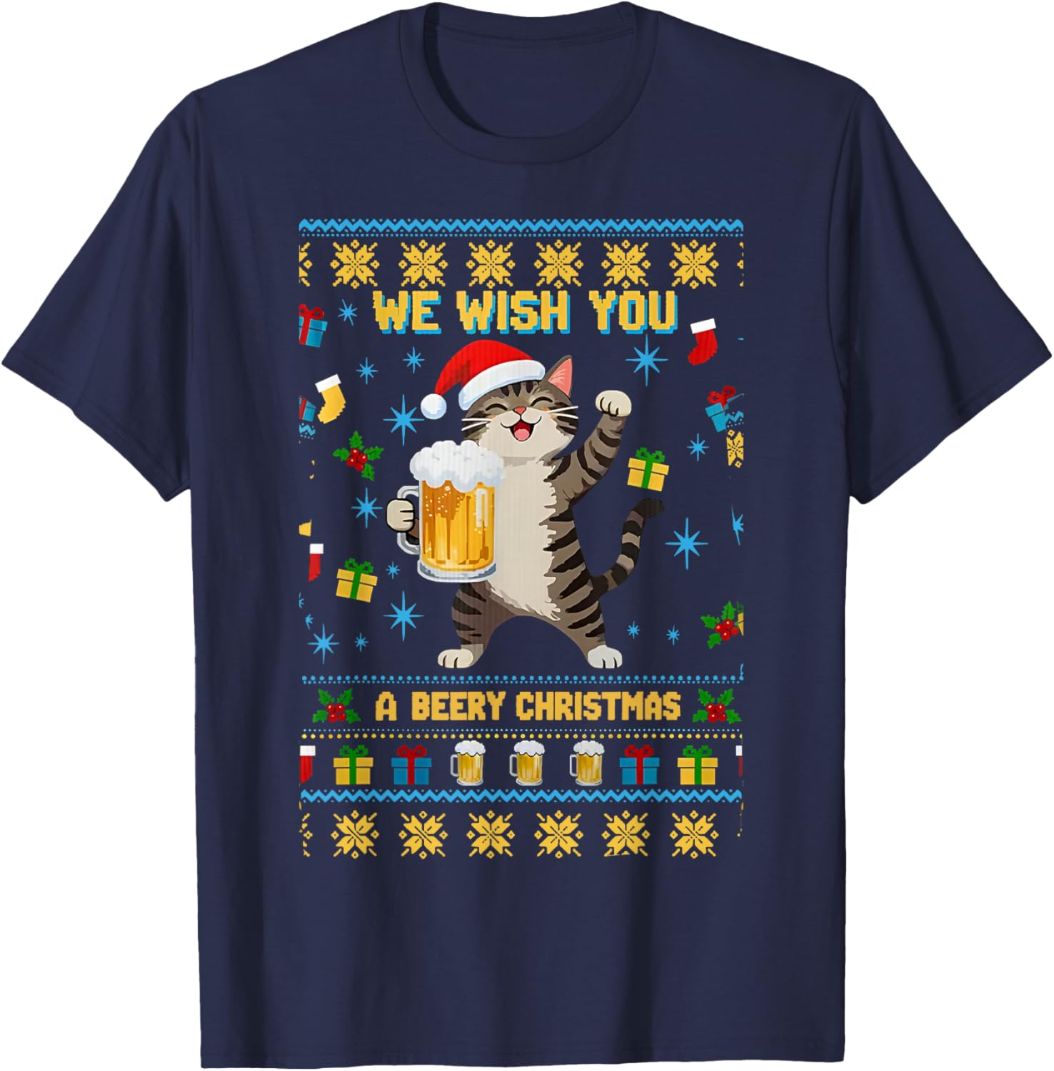 we Wish You a Beery Christmas Cute cat Drinking Beer T-Shirt - T-Shirt | Navy