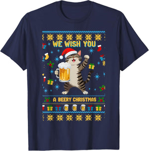 we Wish You a Beery Christmas Cute cat Drinking Beer T-Shirt - T-Shirt | Navy
