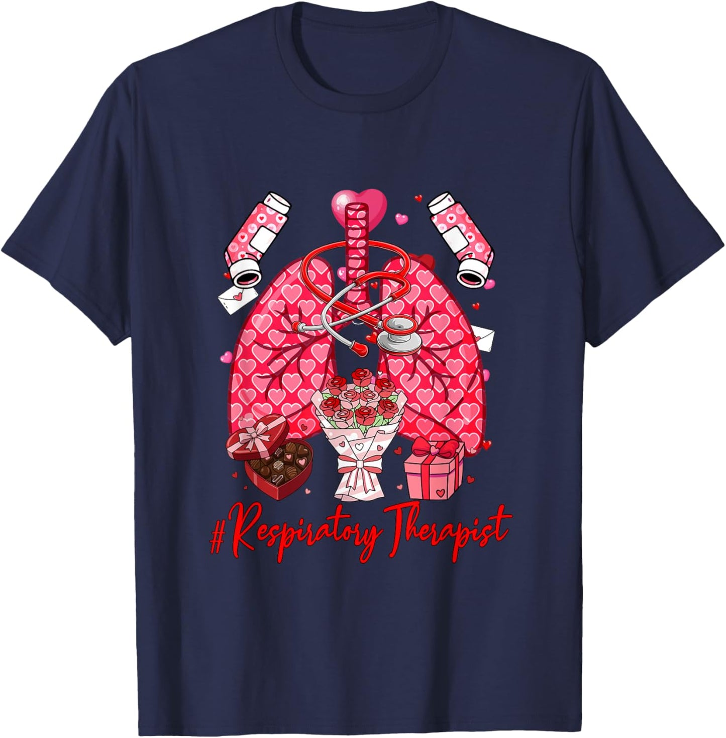 Respiratory Therapist Tools Hearts Flowers Valentine Single T-Shirt - T-Shirt | Navy