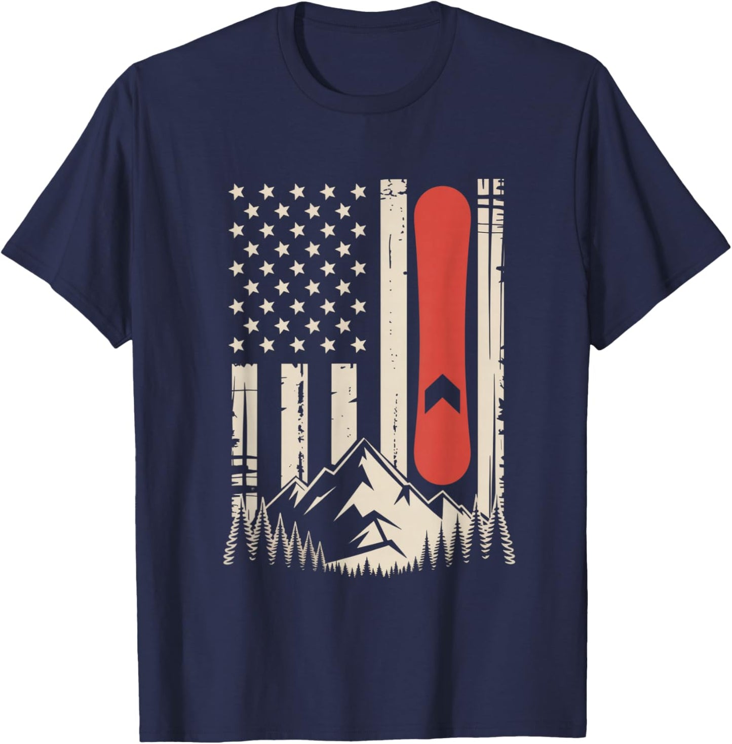 Vintage Snowboard Mountain American Flag Design T-Shirt - T-Shirt | Navy