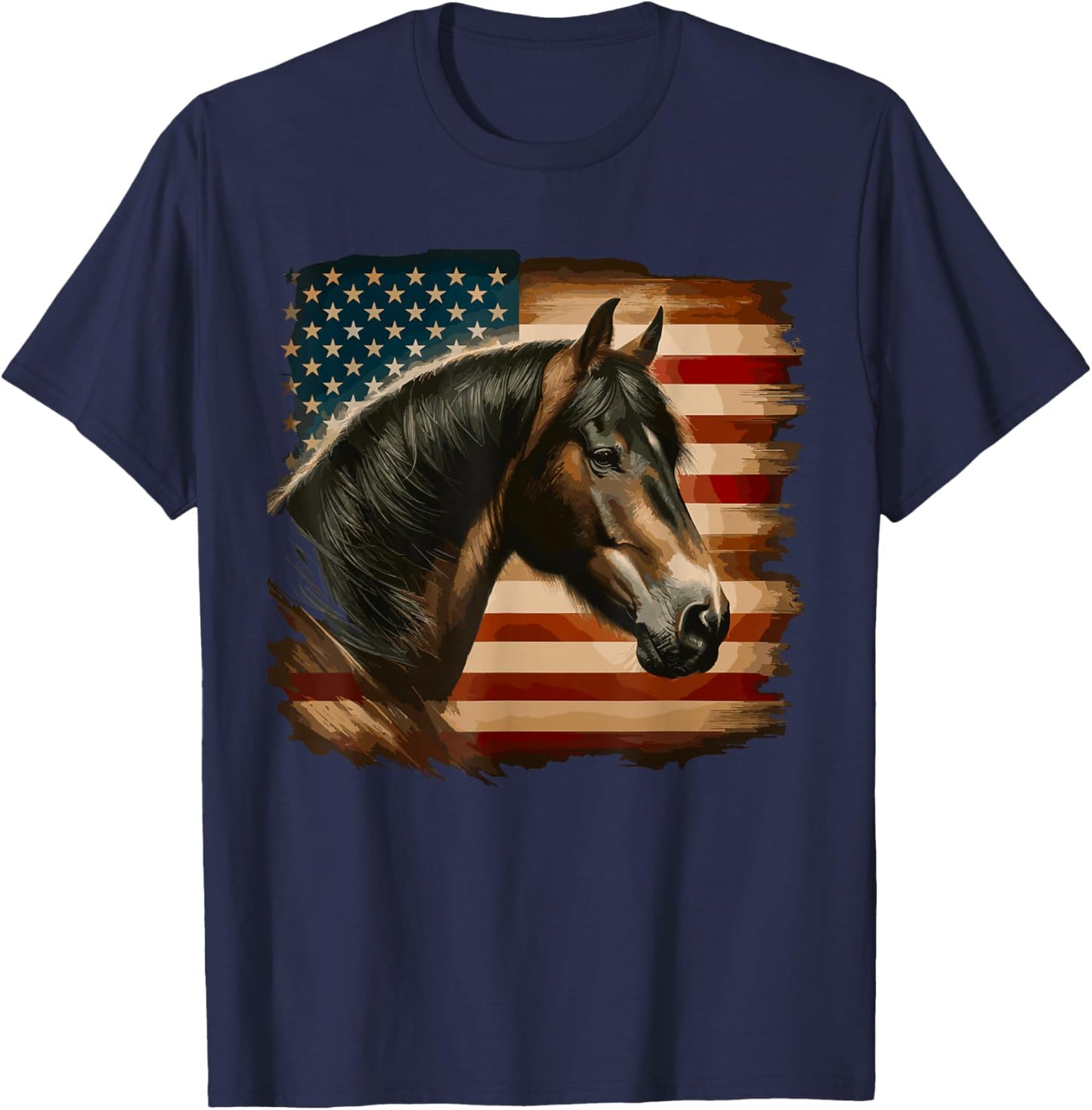 American Flag Patriotic Horse Horseback Riding Western Farm T-Shirt - T-Shirt | Navy