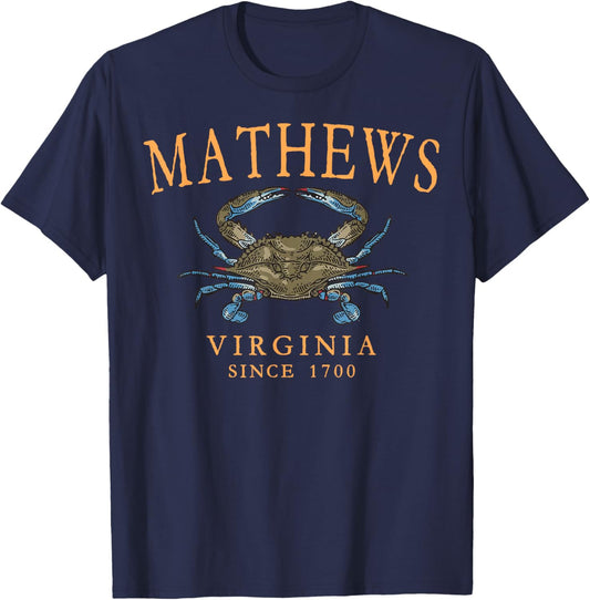 Mathews Virginia Blue Crab Since 1700 Orange Letters T-Shirt - T-Shirt | Navy