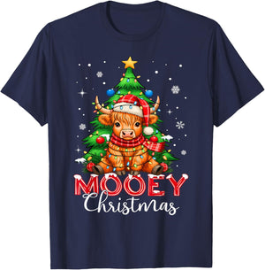 Highland Cow Heifer Santa Hat Mooey Christmas Tree Lights T-Shirt - T-Shirt | Navy