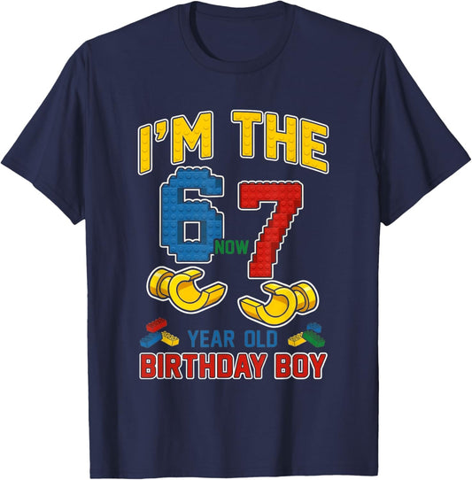 I was 6 Now I'm 7 67 Meme Birthday Boy Building Blocks Brick T-Shirt - T-Shirt | Navy