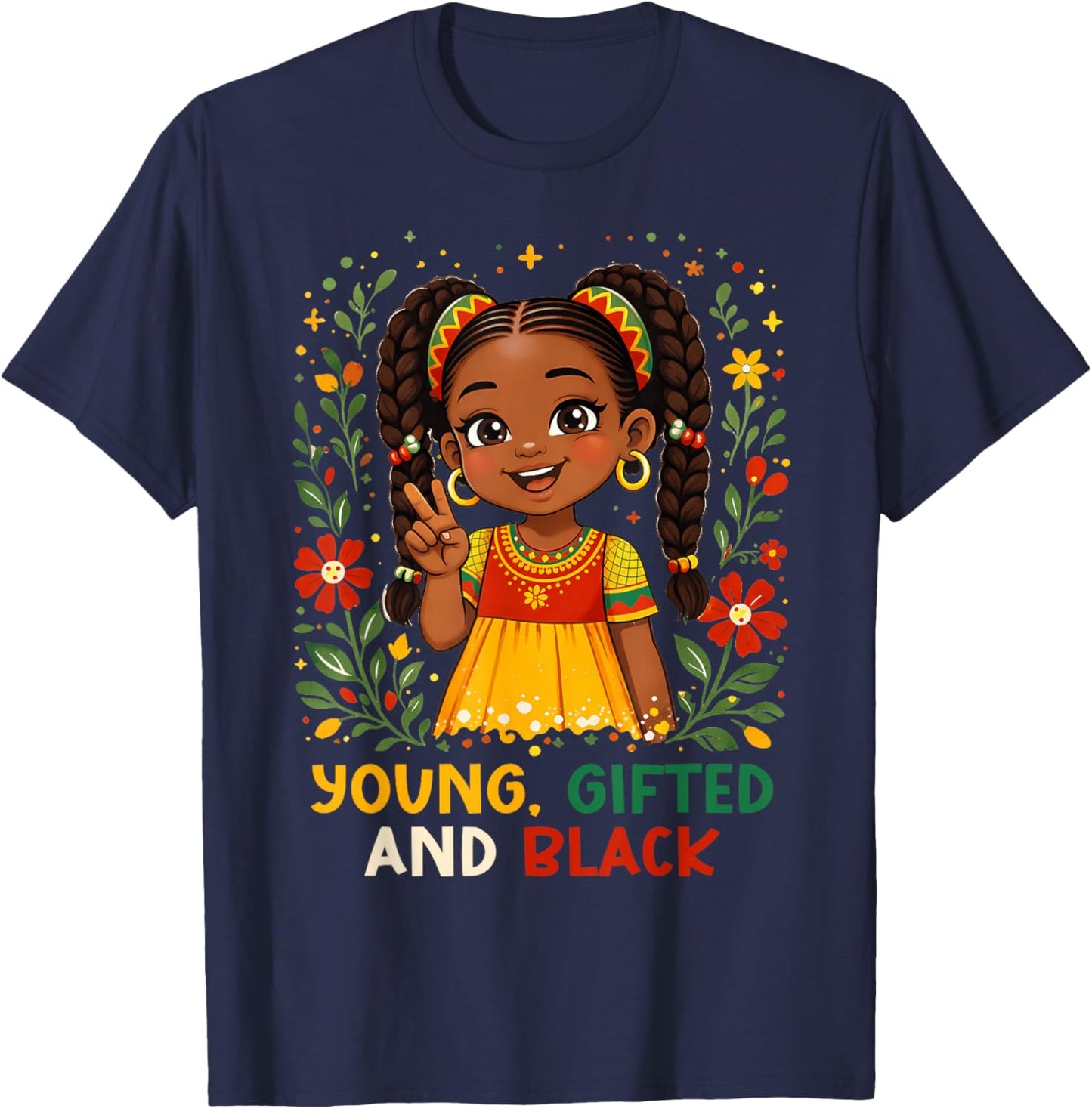 Young Gifted and Black History Month Floral Afro Girl T-Shirt - T-Shirt | Navy