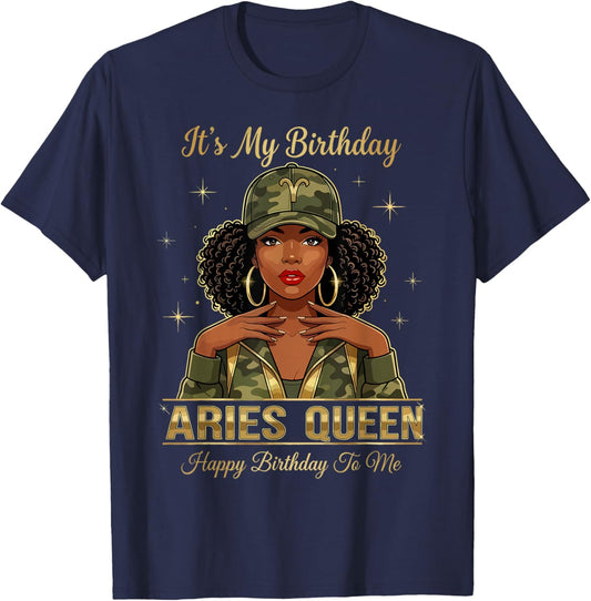 It's My Birthday Aries Queen Women Girl Zodiac Sign T-Shirt - T-Shirt | Navy