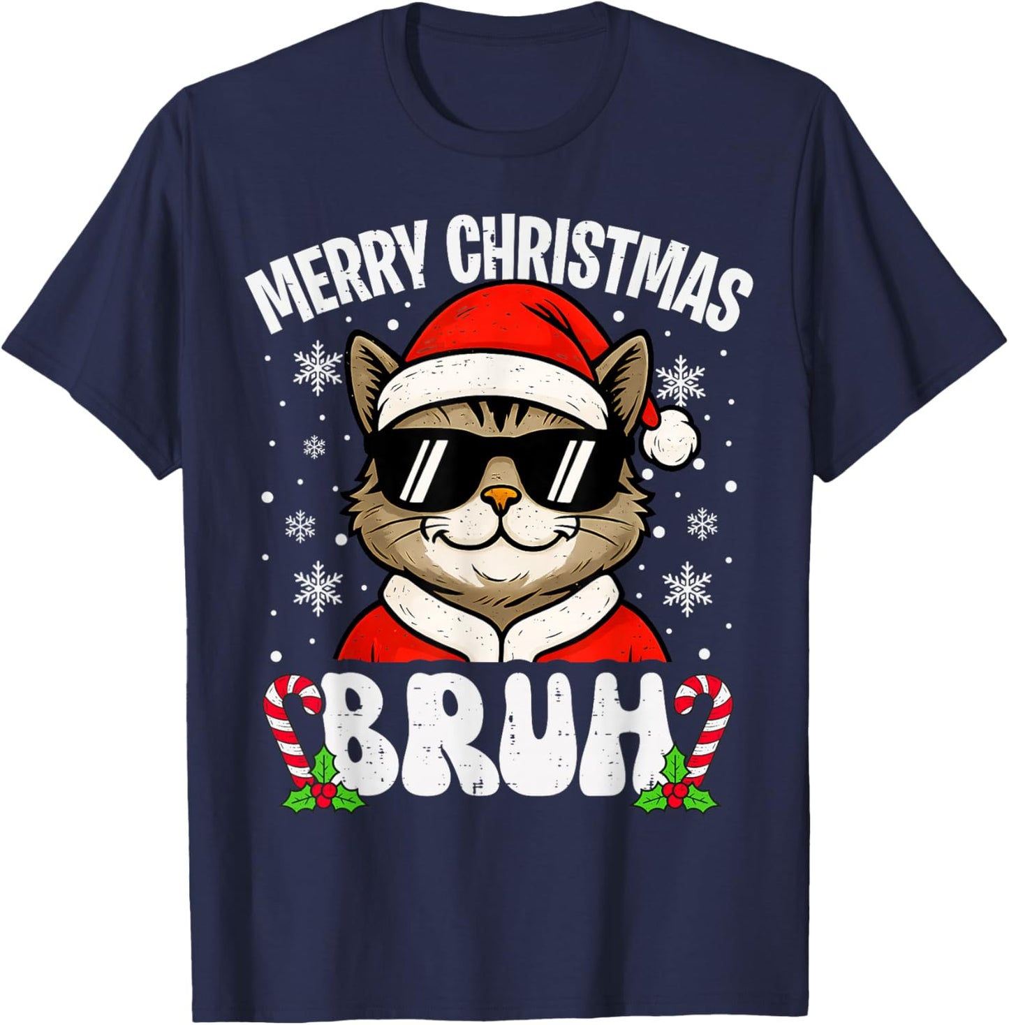 Merry Christmas Bruh Funny Cat Xmas Men Boys Kids PJs T-Shirt - T-Shirt | Navy