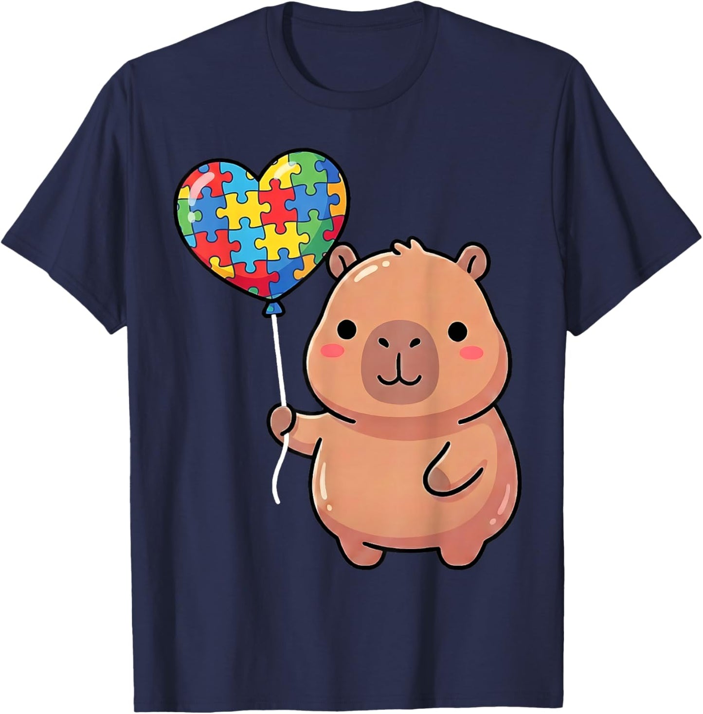 Cute Capybara Holding Heart Puzzle Piece Balloon Kawaii Kids T-Shirt - T-Shirt | Navy