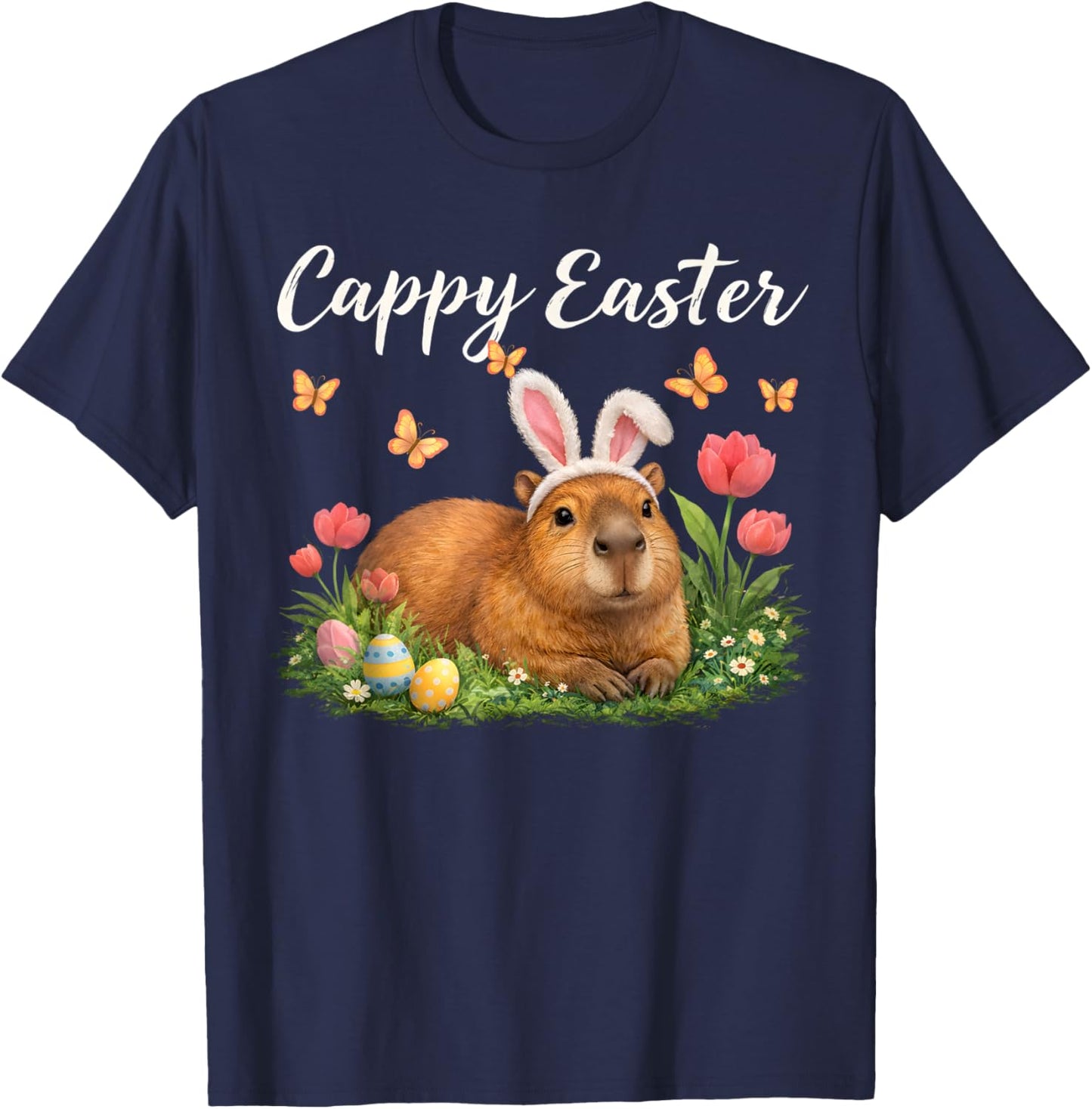 Funny Cappy Easter Capybara Easter Bunny Men Women Kids T-Shirt - T-Shirt | Navy