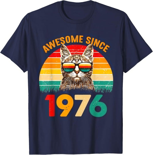 Awesome Since 1976 50th Birthday 70s Retro Cat Vintage T-Shirt - T-Shirt | Navy