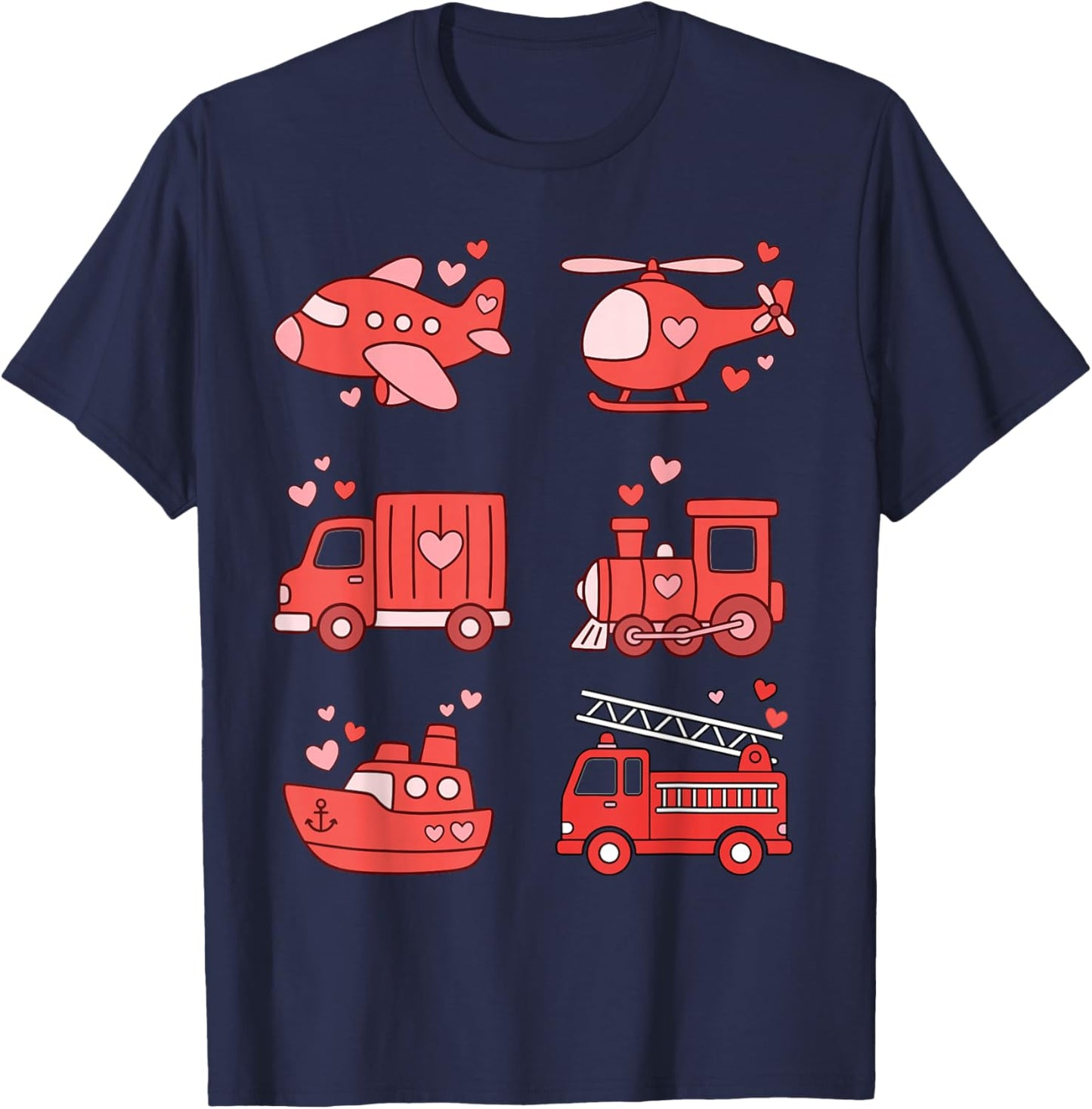 Different Vehicles Fire Truck Airplane Train Valentines T-Shirt - T-Shirt | Navy