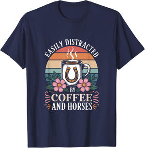 Easily Distracted by Coffee and Horses Quote T-Shirt - T-Shirt | Navy