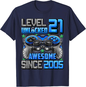 Level 21 Unlocked Awesome Since 2005 21st Birthday Gaming T-Shirt - T-Shirt | Navy