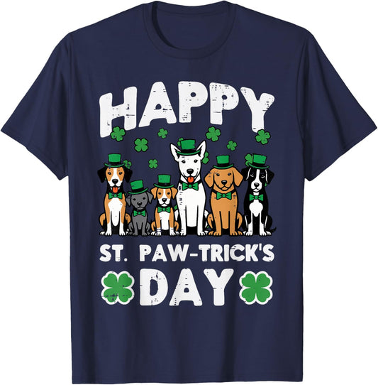 Happy St Patricks Paw Tricks Day Dogs Paddys Men Women Kids T-Shirt - T-Shirt | Navy