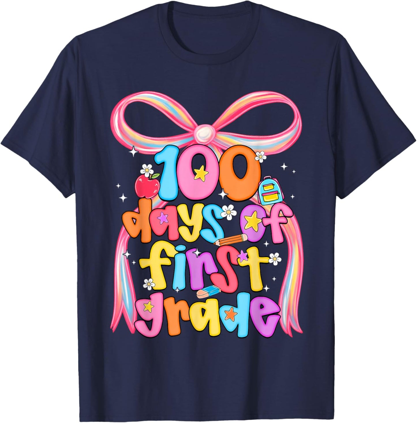100 Days of 1st Grade Teacher Coquette Bow Girl Women T-Shirt - T-Shirt | Navy