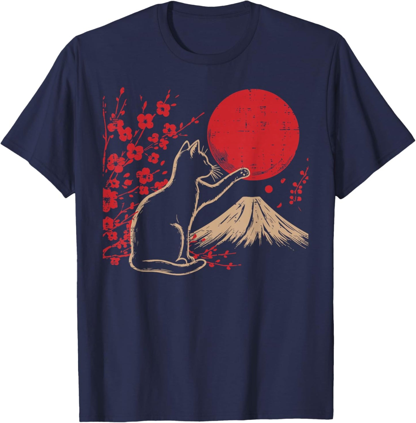 Japanese Cat Cherry Blossom Mountain Sun Art Women Men Kids T-Shirt - T-Shirt | Navy