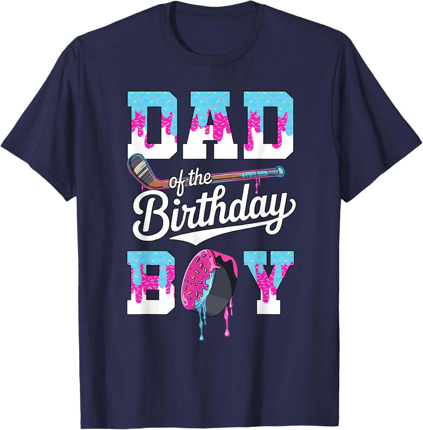 Dad of The Birthday Boy Hockey Ice Cream Drip Family T-Shirt - T-Shirt | Navy