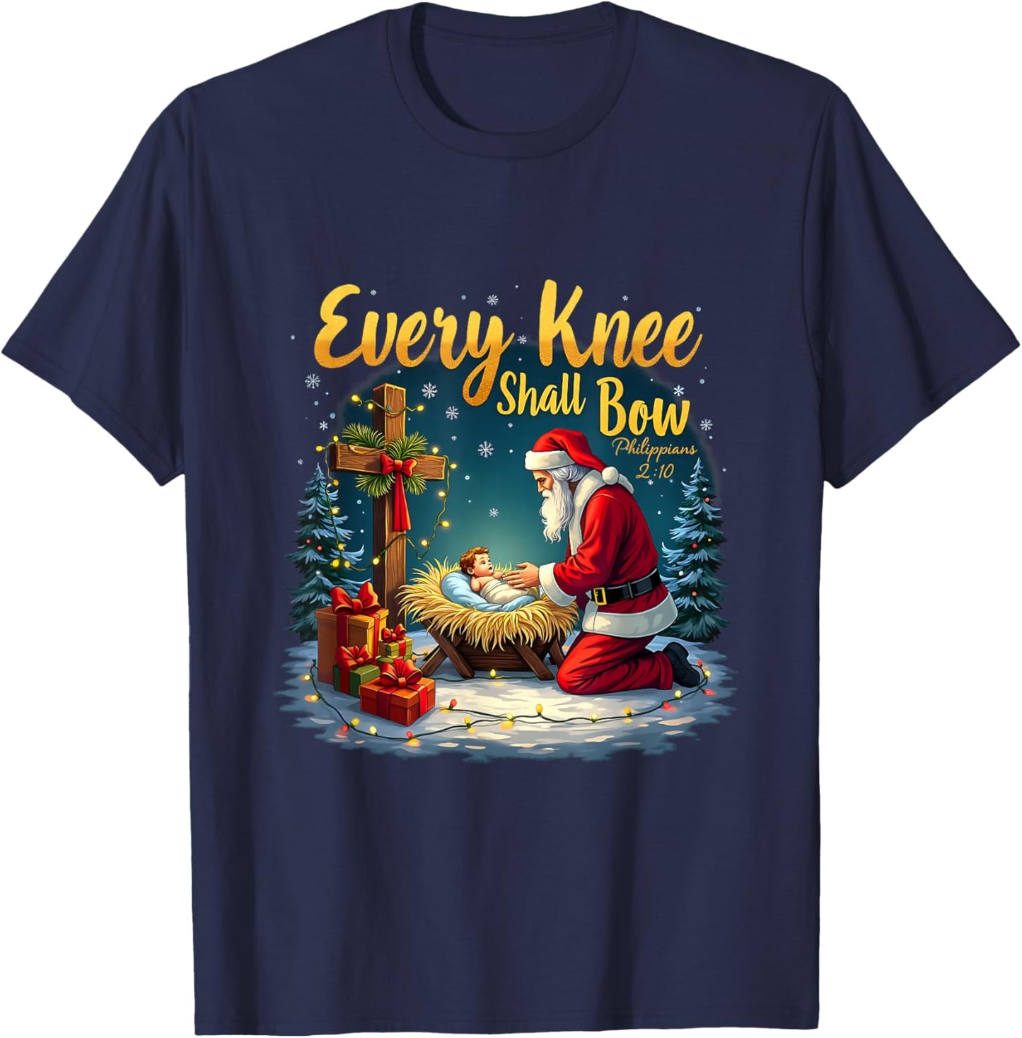 Christmas Nativity Scene Xmas Every Knee Shall Bow Santa T-Shirt - T-Shirt | Navy