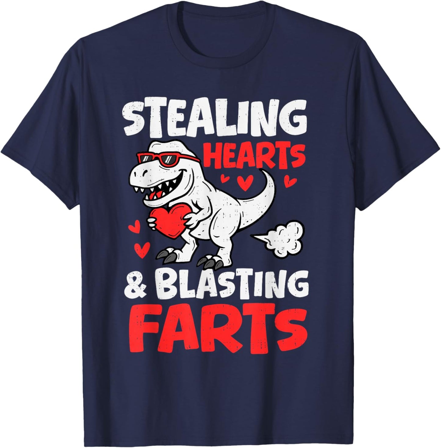 Funny Dino Stealing Hearts Blasting Farts Valentines Day Boy T-Shirt - T-Shirt | Navy