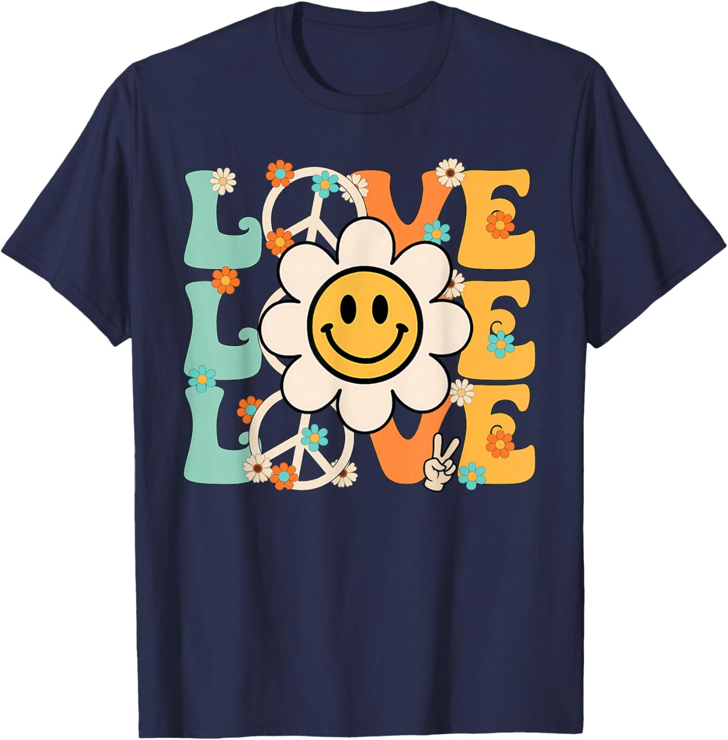 Peace Sign Love Flower 60S 70S Tie Dye Hippie Costume T-Shirt - T-Shirt | Navy