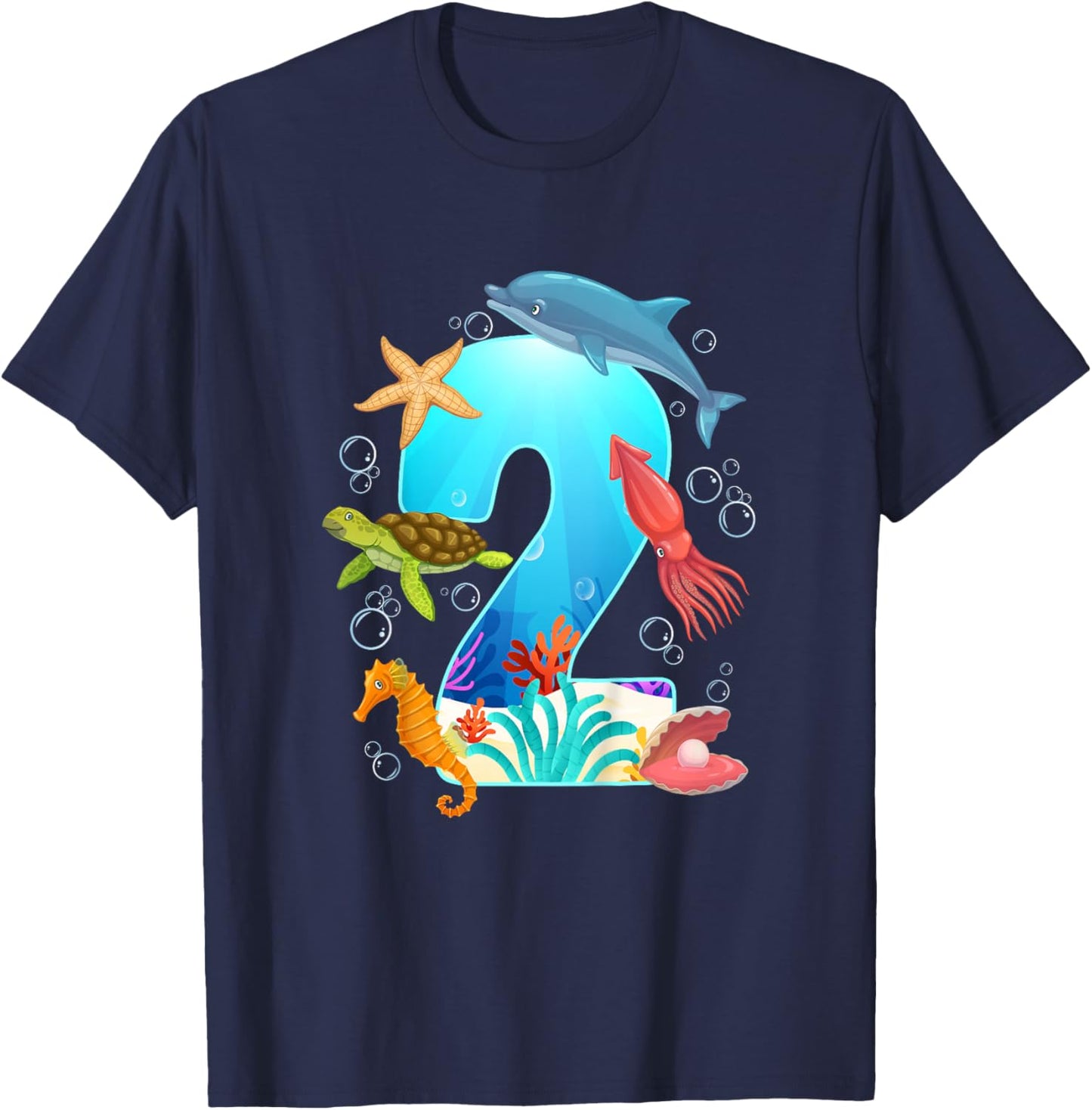 2nd Ocean Birthday Party 2 Year Old Sea Animals T-Shirt - T-Shirt | Navy