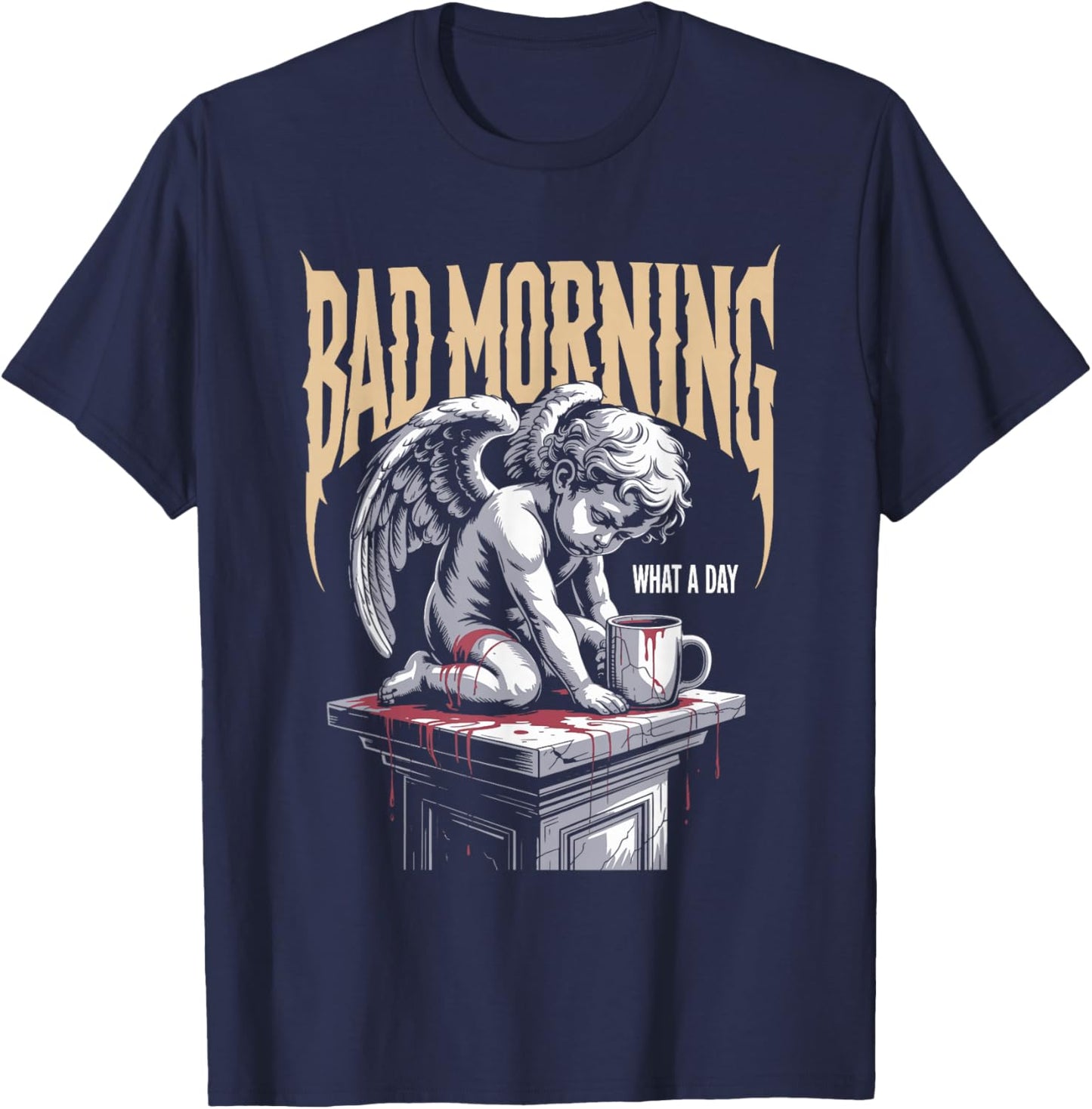 Bad Morning - Vintage Funny Angel Coffee Lover T-Shirt - T-Shirt | Navy