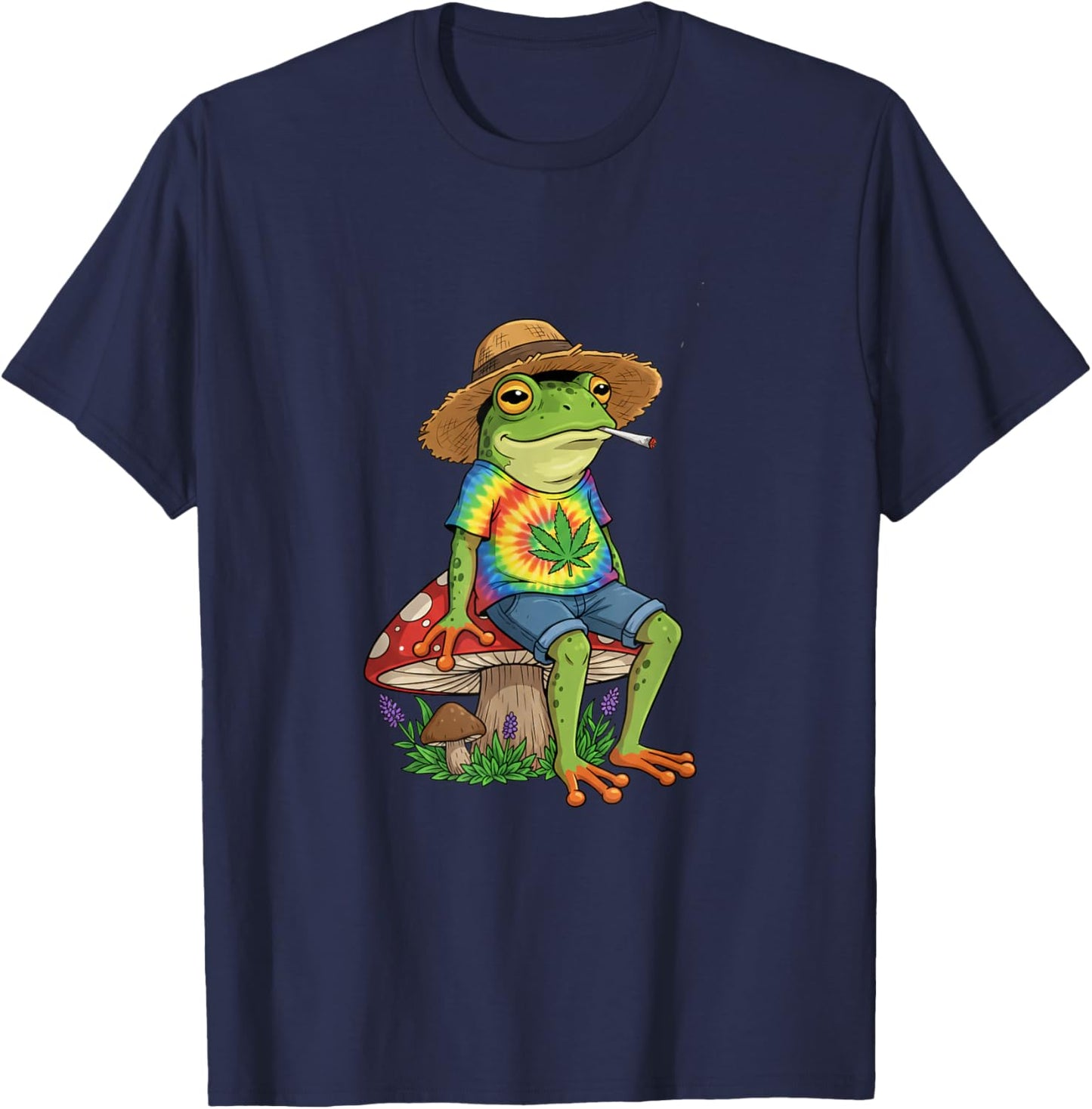 Chill Frog Smoking Leaf Tie Dye Frog Mushroom T-Shirt - T-Shirt | Navy