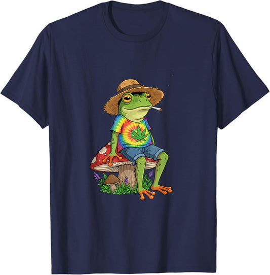 Chill Frog Smoking Leaf Tie Dye Frog Mushroom T-Shirt - T-Shirt | Navy