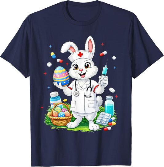 Cute Rabbit Bunny RN CNA ICU Easter Nurse Men Women T-Shirt - T-Shirt | Navy