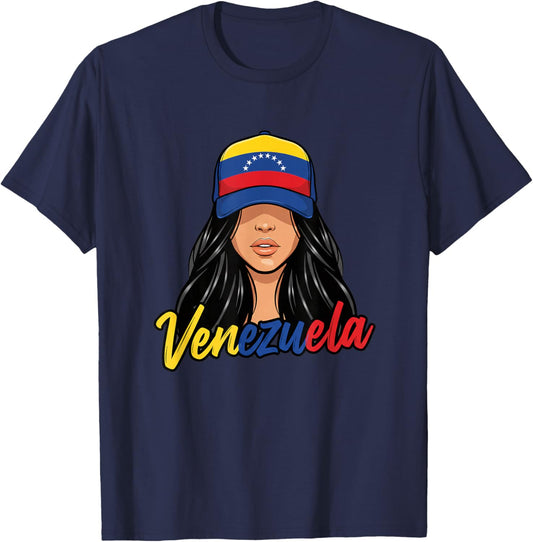 Venezuela Latina Woman Hat Venezuelan Pride Retro Script T-Shirt - T-Shirt | Navy