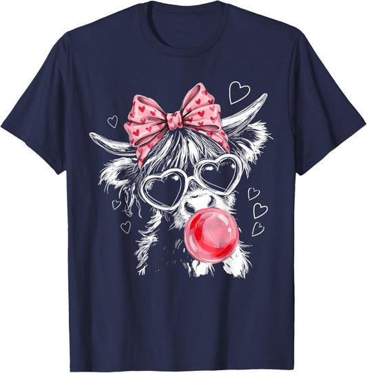 Cute Highland Cow Pink Bow Coquette Red Heart Valentine T-Shirt - T-Shirt | Navy