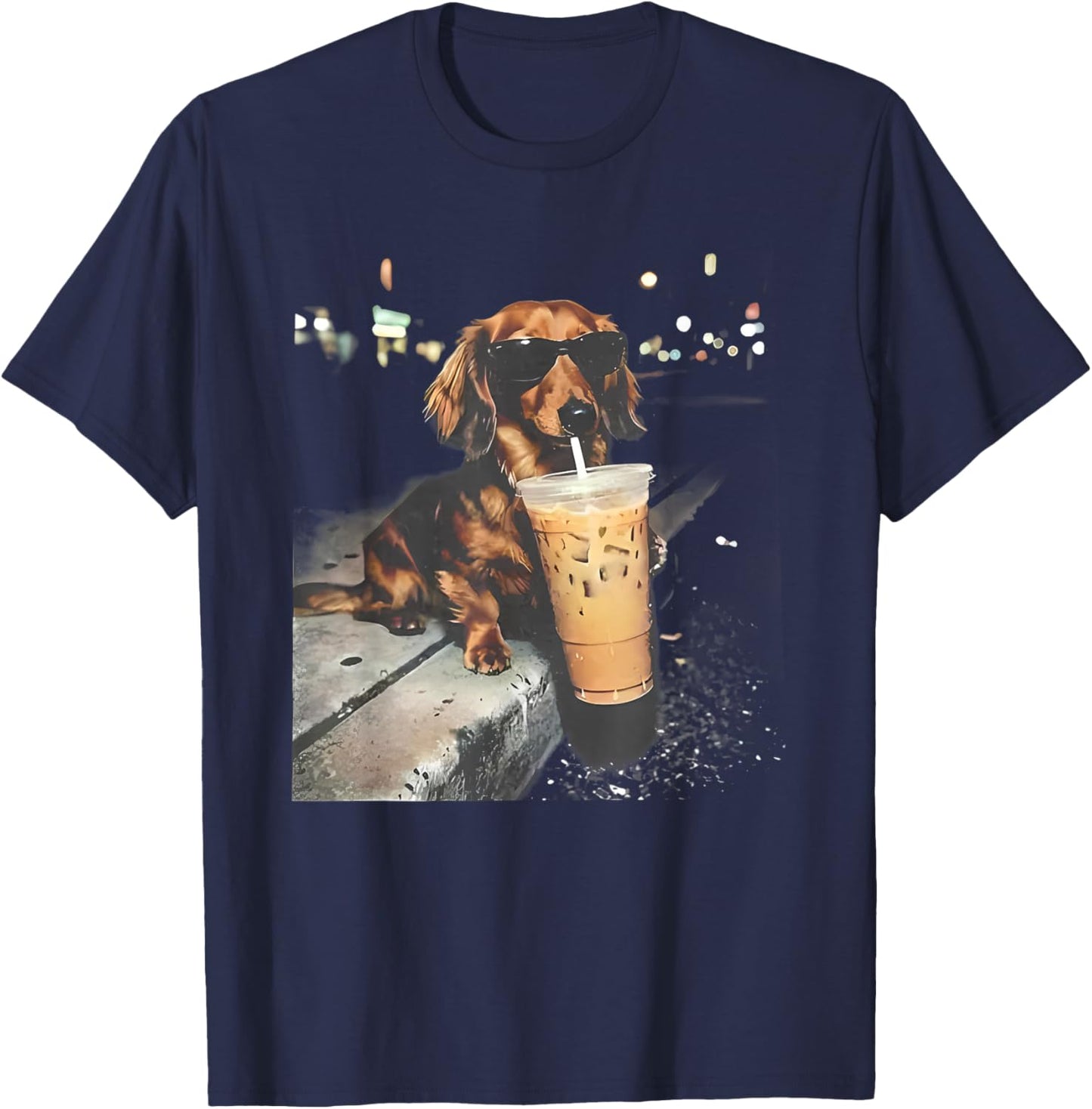Funny Dachshund Drinking iced Coffee T-Shirt - T-Shirt | Navy