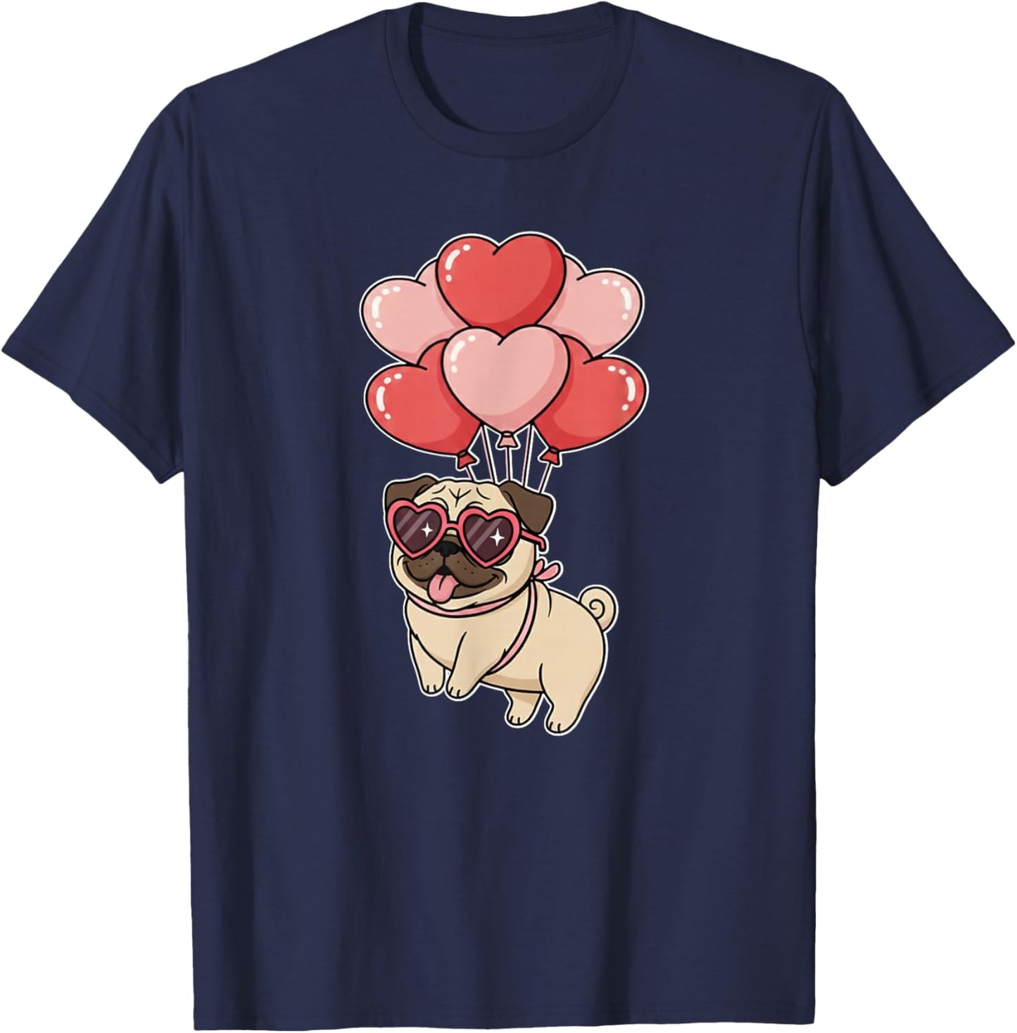 Girls Women Valentines Day Heart Balloons Tan Fawn Pug Lover T-Shirt - T-Shirt | Navy