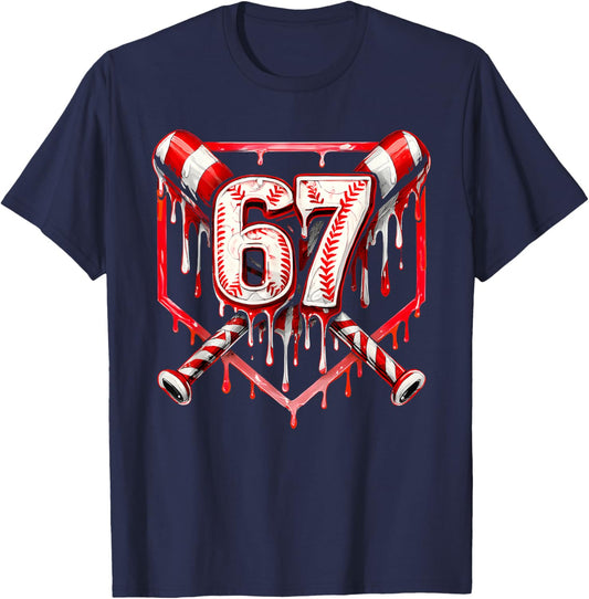 Baseball Candy Cane Drip 6 7 Six Seven Meme Christmas Boys T-Shirt - T-Shirt | Navy