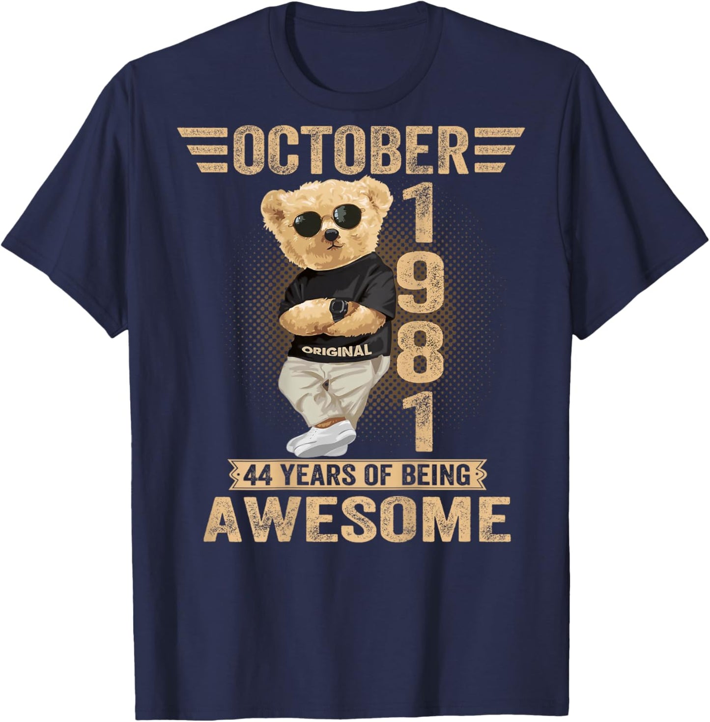 (On Back) October 44th Birthday Men Women 1981 Teddy Bear T-Shirt - T-Shirt | Navy