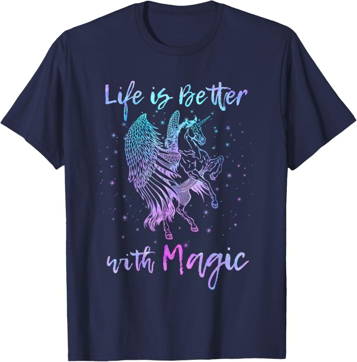 Life is Better with Magic Unicorn Pegasus Horse Graphic T-Shirt - T-Shirt | Navy
