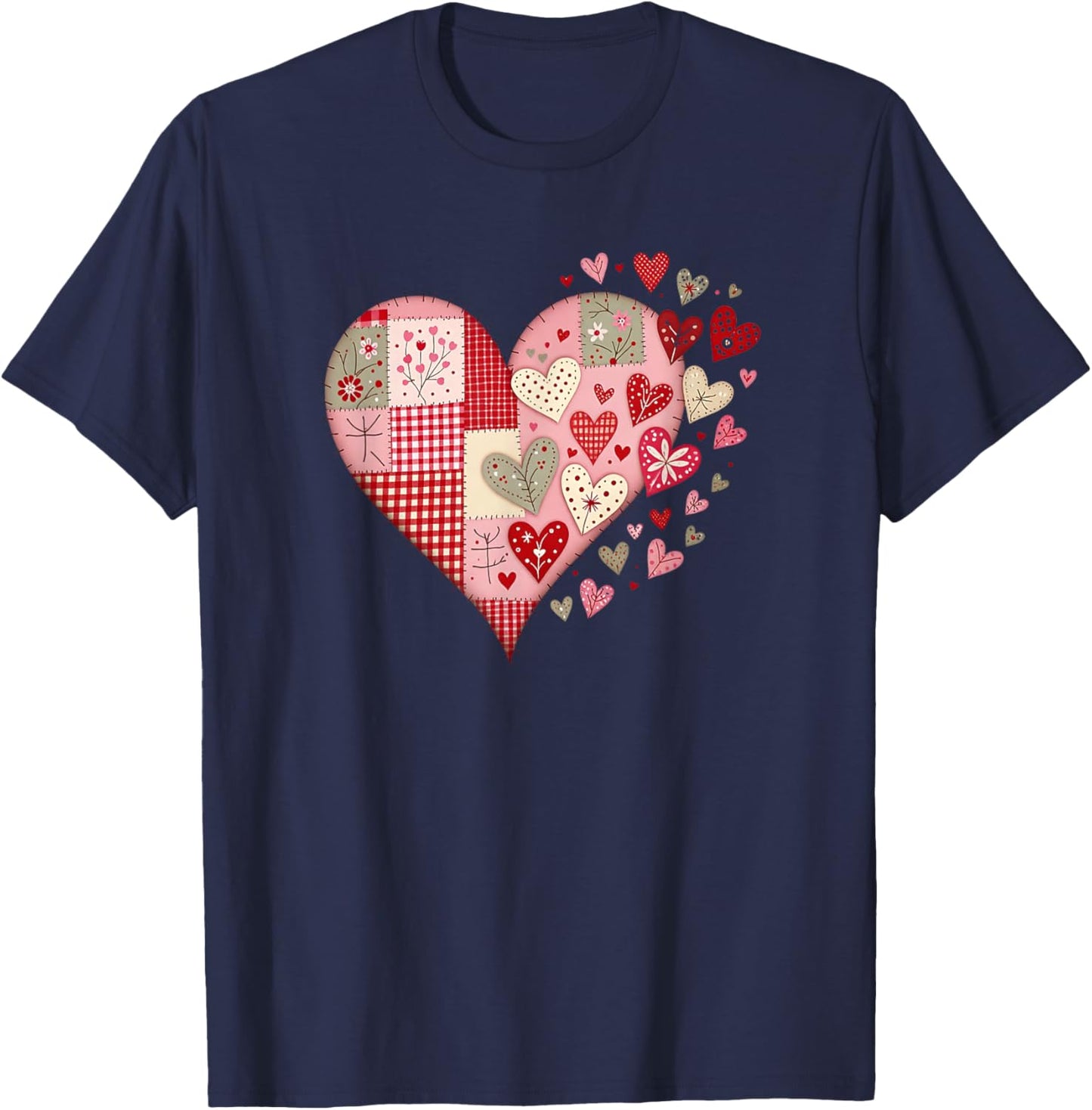 Heart Faux Patchwork Valentines Day Love Big Graphic Quilt T-Shirt - T-Shirt | Navy