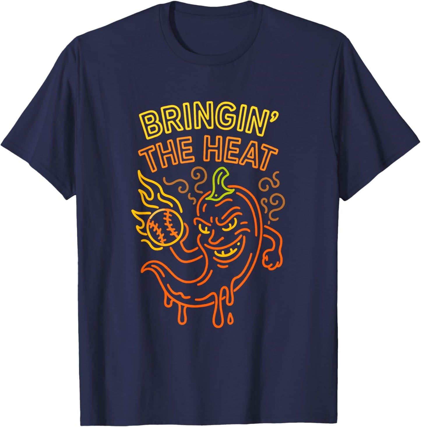 Baseball Pitcher Flame Bringin' The Heat Pepper Chili Meme T-Shirt - T-Shirt | Navy