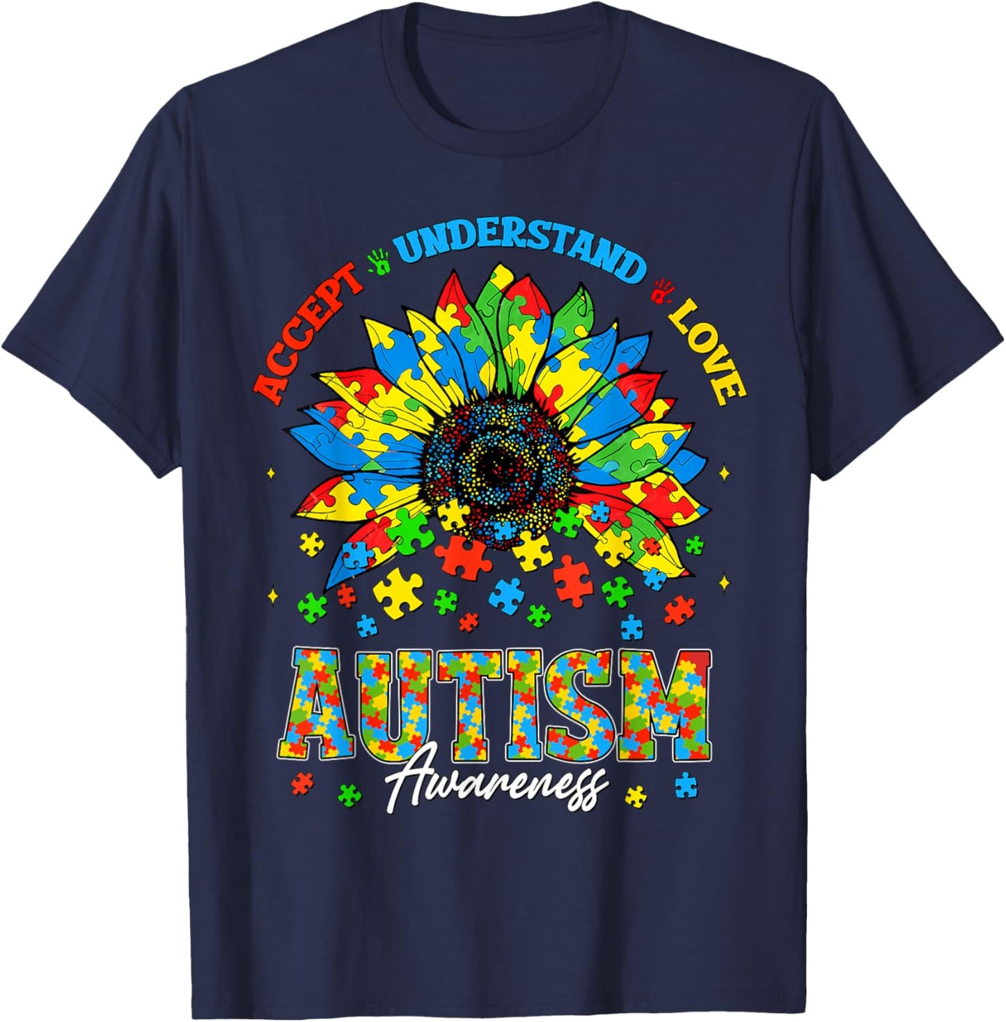 Accept Understand Autism Awareness Sunflower Men Women Kids T-Shirt - T-Shirt | Navy
