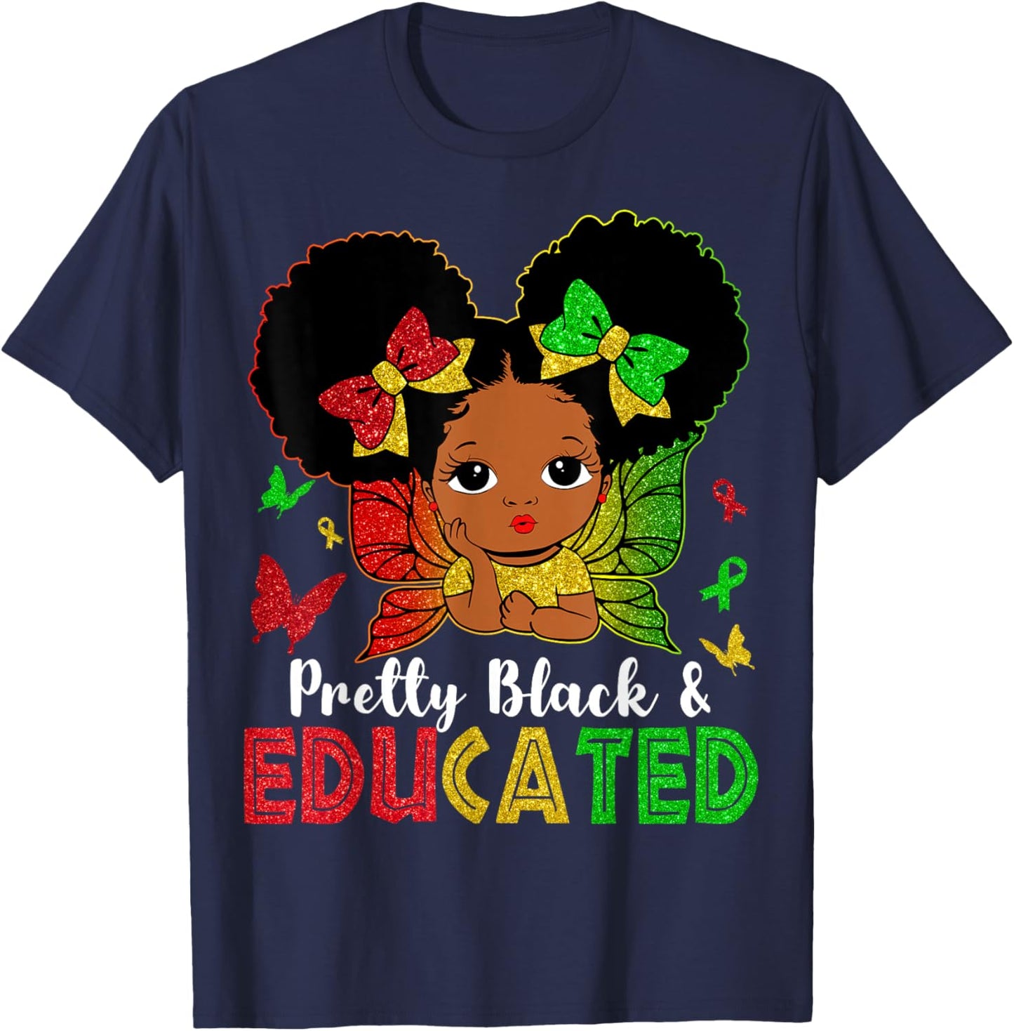 Pretty Black & Educated Cute Melanin Girl Kids Black History T-Shirt - T-Shirt | Navy