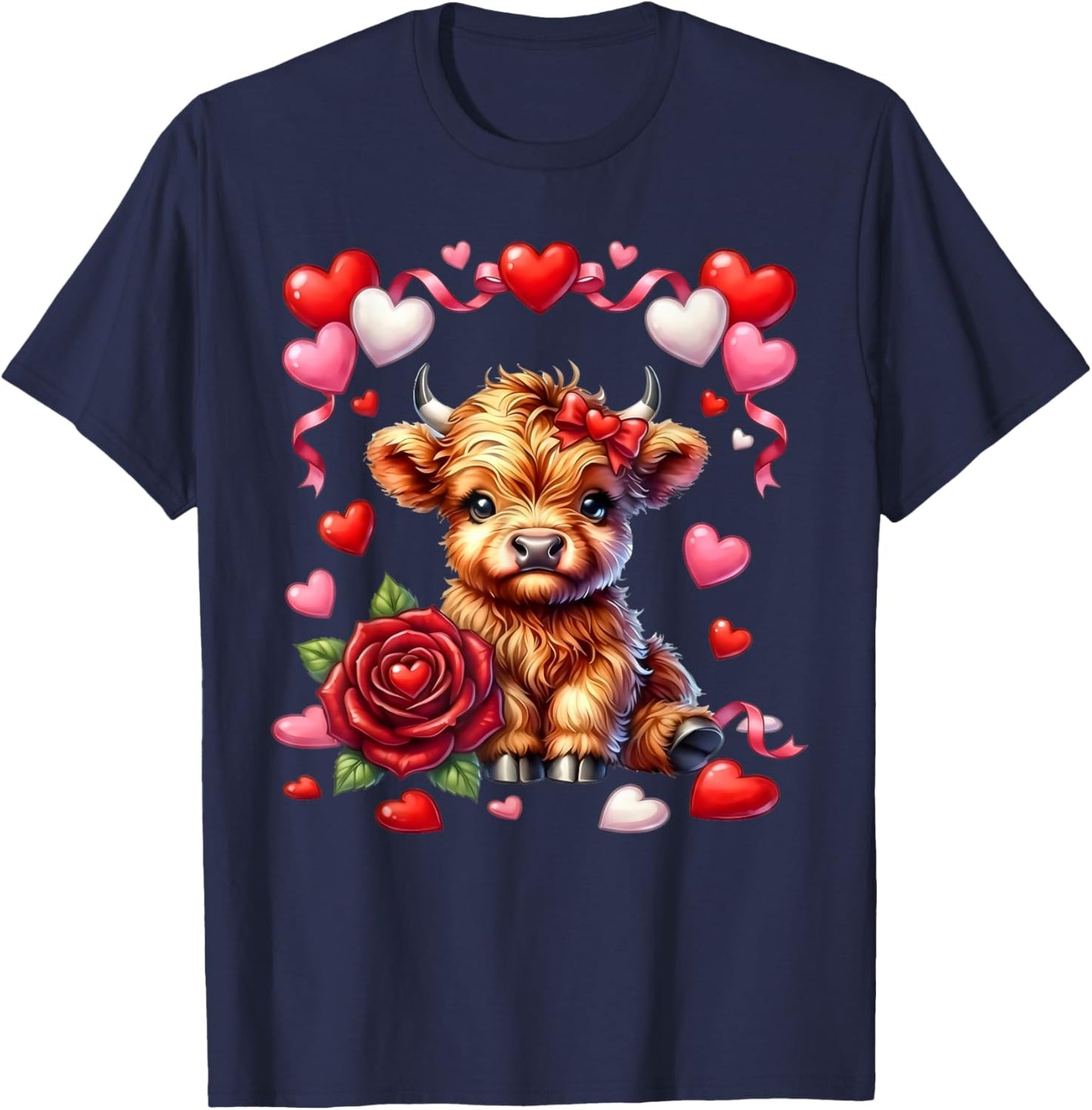 Cute Kawaii Highland Cow Heart Coquette Bow Valentines Day T-Shirt - T-Shirt | Navy