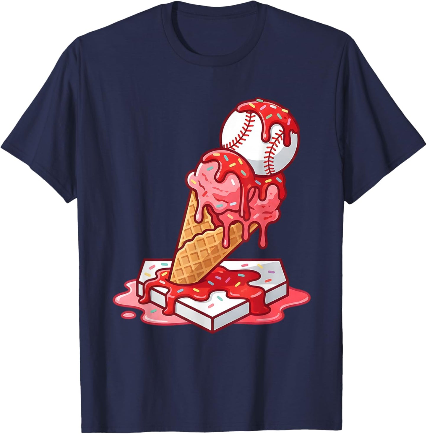 Baseball Ice Cream Drip Youth Strawberry Baseball Red T-Shirt - T-Shirt | Navy