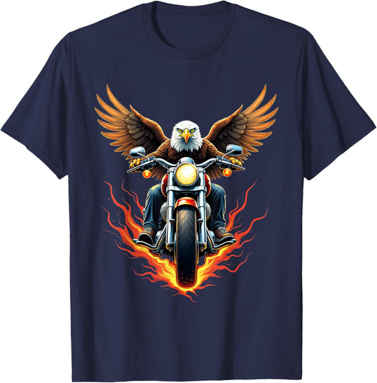 Bald Eagle Riding a Motorcycle Design Funny Eagle T-Shirt - T-Shirt | Navy