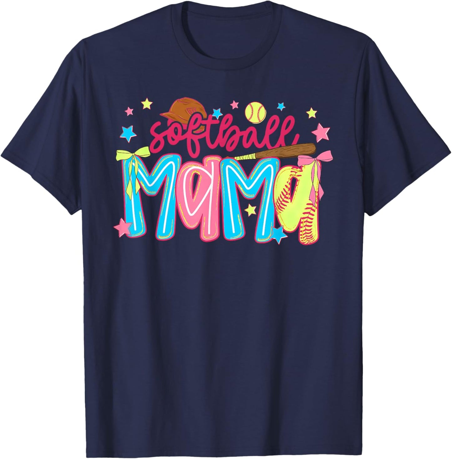 Softball Mama Preppy Coquette Bow Stars Game Day Mom Mother T-Shirt - T-Shirt | Navy