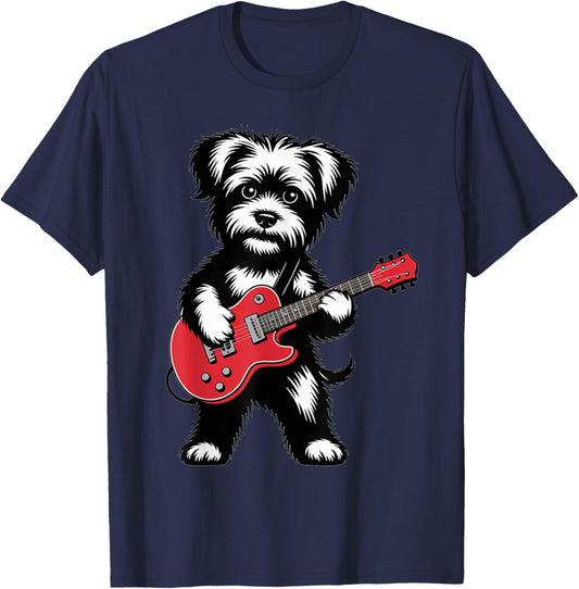 Cute Rock Yorki Dog with Red Electric Guitar Puppy T-Shirt - T-Shirt | Navy