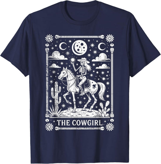 Skeleton Cowgirl Riding Horse Tarot Card Gothic Halloween T-Shirt - T-Shirt | Navy