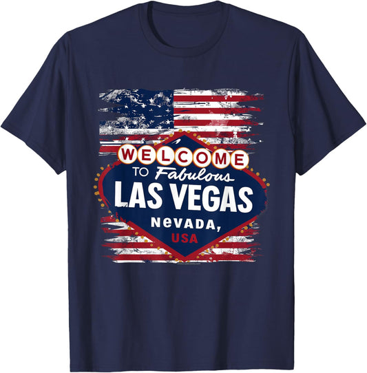 Welcome to Las Vegas Nevada Vintage Sign American Flag T-Shirt - T-Shirt | Navy